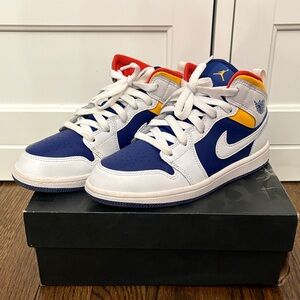 Jordan Mid Sneakers in Blue, White, and Yellow